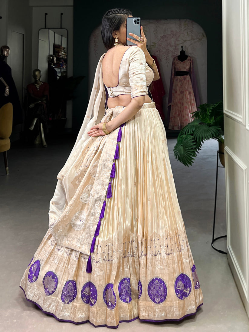 Awesome Off-White Mirror Work Silk Traditional Lehenga Choli With Dupatta