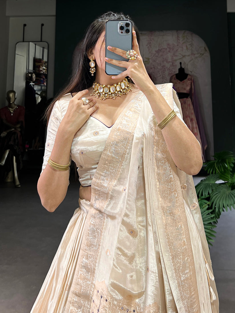 Awesome Off-White Mirror Work Silk Traditional Lehenga Choli With Dupatta