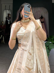 Awesome Off-White Mirror Work Silk Traditional Lehenga Choli With Dupatta