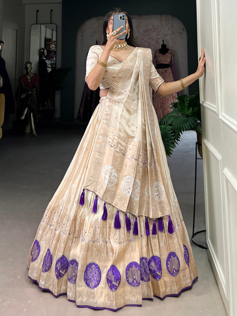 Awesome Off-White Mirror Work Silk Traditional Lehenga Choli With Dupatta