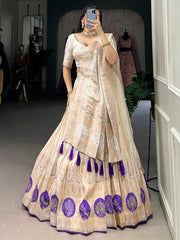 Awesome Off-White Mirror Work Silk Traditional Lehenga Choli With Dupatta