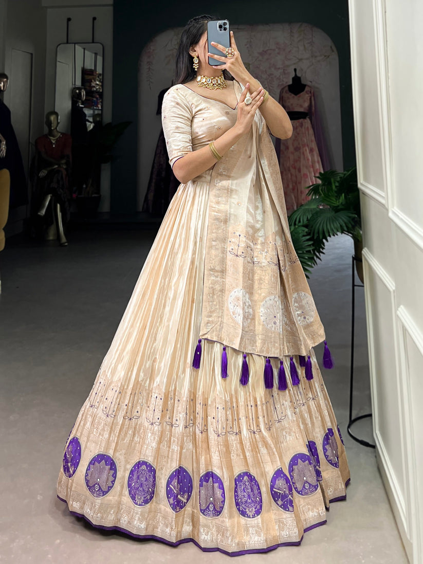 Awesome Off-White Mirror Work Silk Traditional Lehenga Choli With Dupatta