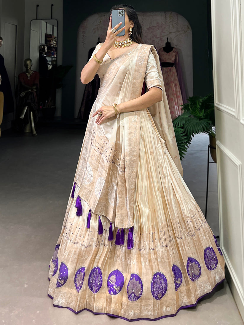 Awesome Off-White Mirror Work Silk Traditional Lehenga Choli With Dupatta