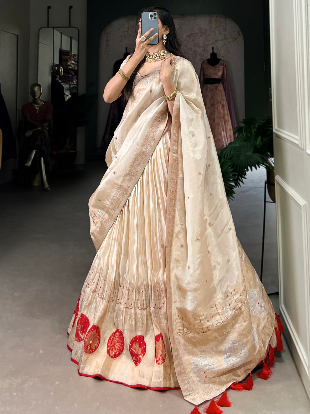 Alluring Pure Simmer Mirror With Moti Hand Work Designer Lehenga Choli For Wedding