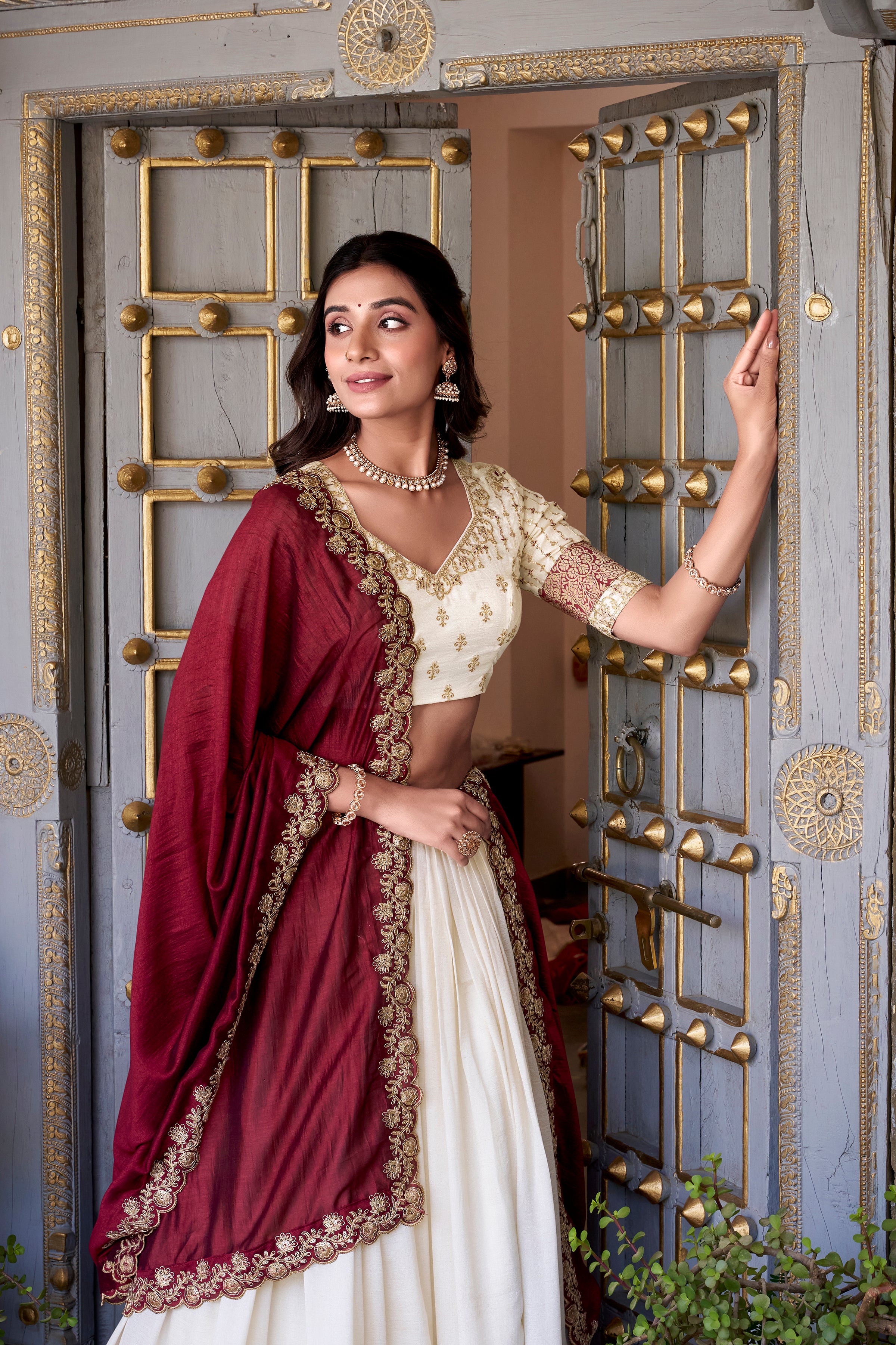 LOVABLE OFF-WHITE ZARI WEAVING BORDER VICHITRA SILK HALF SAREE LEHENGA BY MITVAL