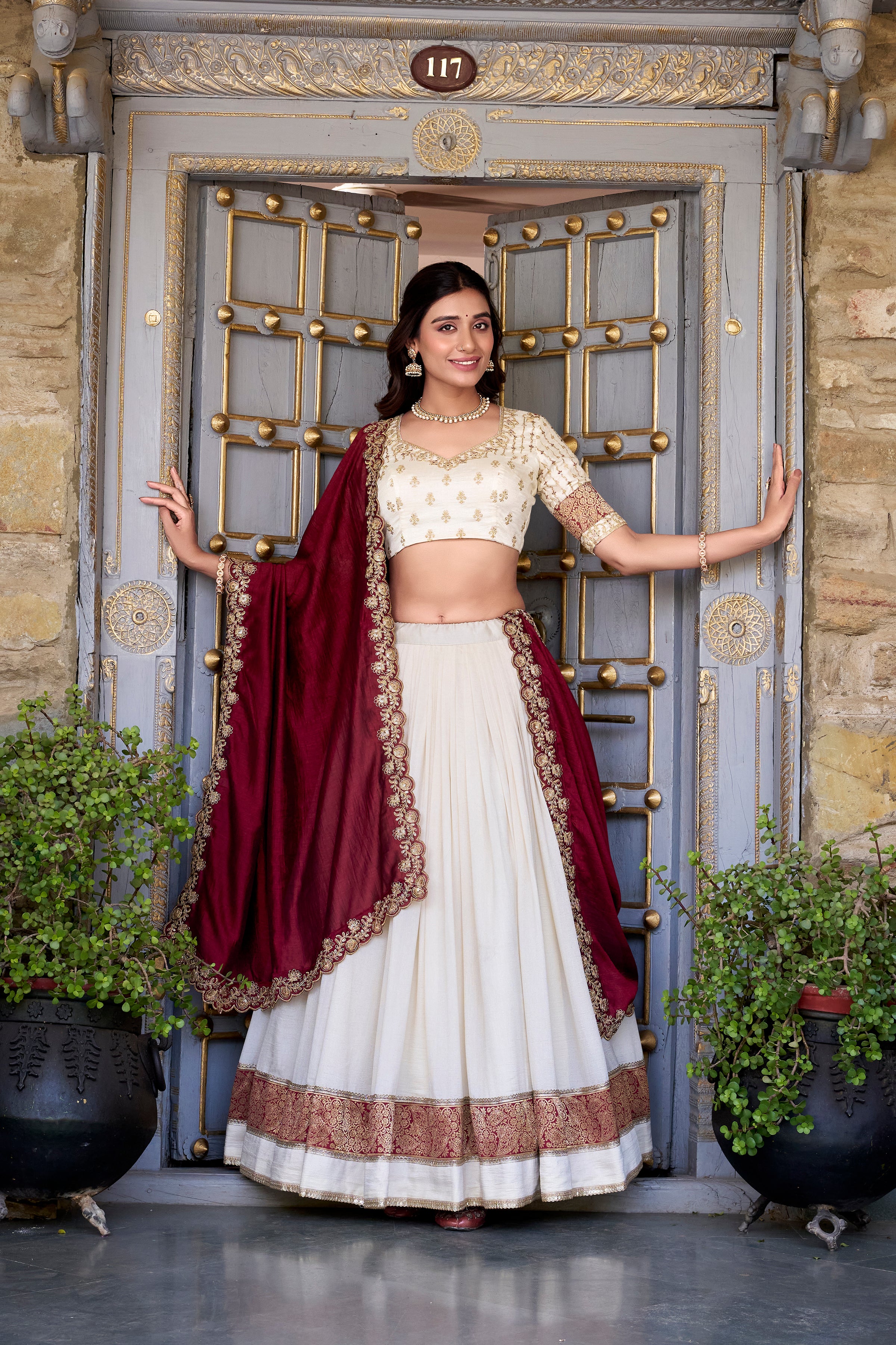 LOVABLE OFF-WHITE ZARI WEAVING BORDER VICHITRA SILK HALF SAREE LEHENGA BY MITVAL