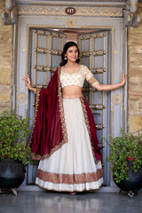 LOVABLE OFF-WHITE ZARI WEAVING BORDER VICHITRA SILK HALF SAREE LEHENGA BY MITVAL