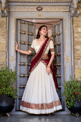 LOVABLE OFF-WHITE ZARI WEAVING BORDER VICHITRA SILK HALF SAREE LEHENGA BY MITVAL
