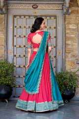 CAPRICIOUS BLUSH PINK ZARI WEAVING BORDER VICHITRA SILK HALF SAREE LEHENGA BY MITVAL
