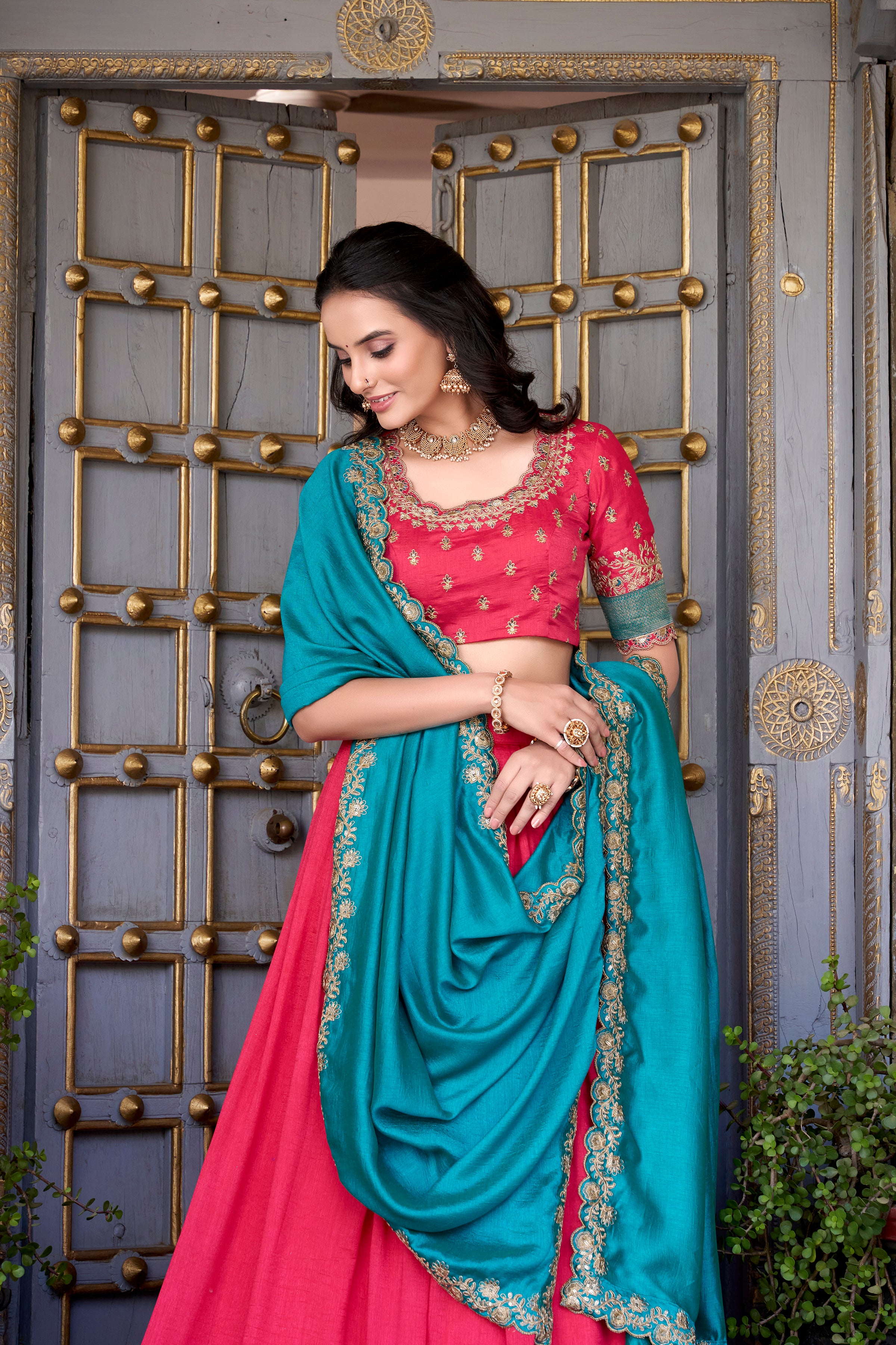 CAPRICIOUS BLUSH PINK ZARI WEAVING BORDER VICHITRA SILK HALF SAREE LEHENGA BY MITVAL