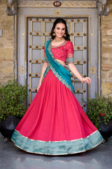 CAPRICIOUS BLUSH PINK ZARI WEAVING BORDER VICHITRA SILK HALF SAREE LEHENGA BY MITVAL