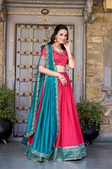 CAPRICIOUS BLUSH PINK ZARI WEAVING BORDER VICHITRA SILK HALF SAREE LEHENGA BY MITVAL