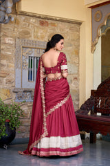 MAJESTIC MAROON BORDER WORK VICHITRA SILK WEDDING WEAR HALF SAREE LEHENGA BY MITVAL