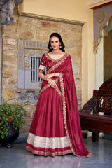 MAJESTIC MAROON BORDER WORK VICHITRA SILK WEDDING WEAR HALF SAREE LEHENGA BY MITVAL
