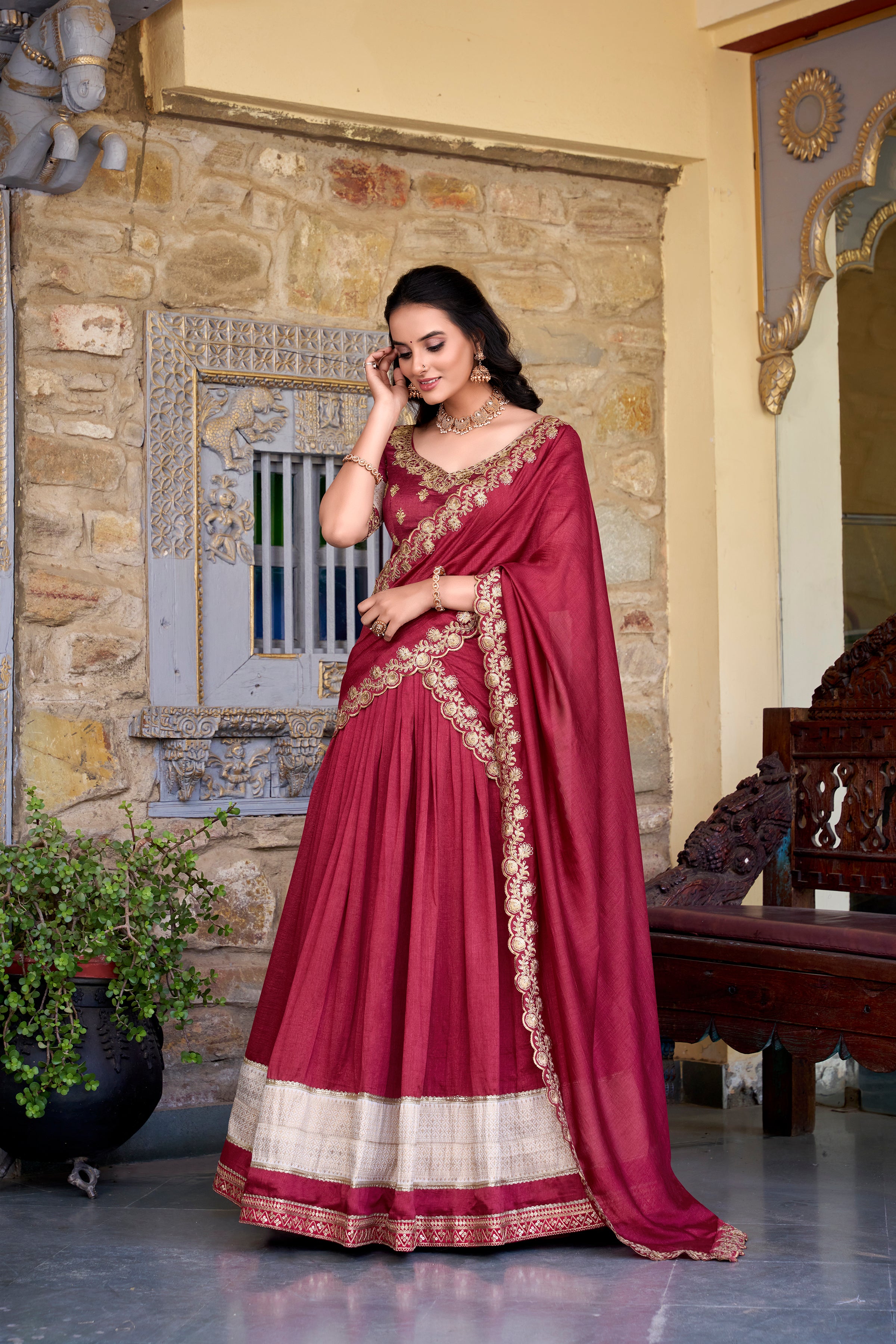 MAJESTIC MAROON BORDER WORK VICHITRA SILK WEDDING WEAR HALF SAREE LEHENGA BY MITVAL