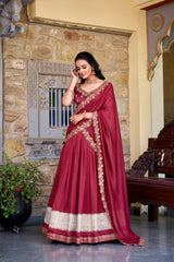 MAJESTIC MAROON BORDER WORK VICHITRA SILK WEDDING WEAR HALF SAREE LEHENGA BY MITVAL