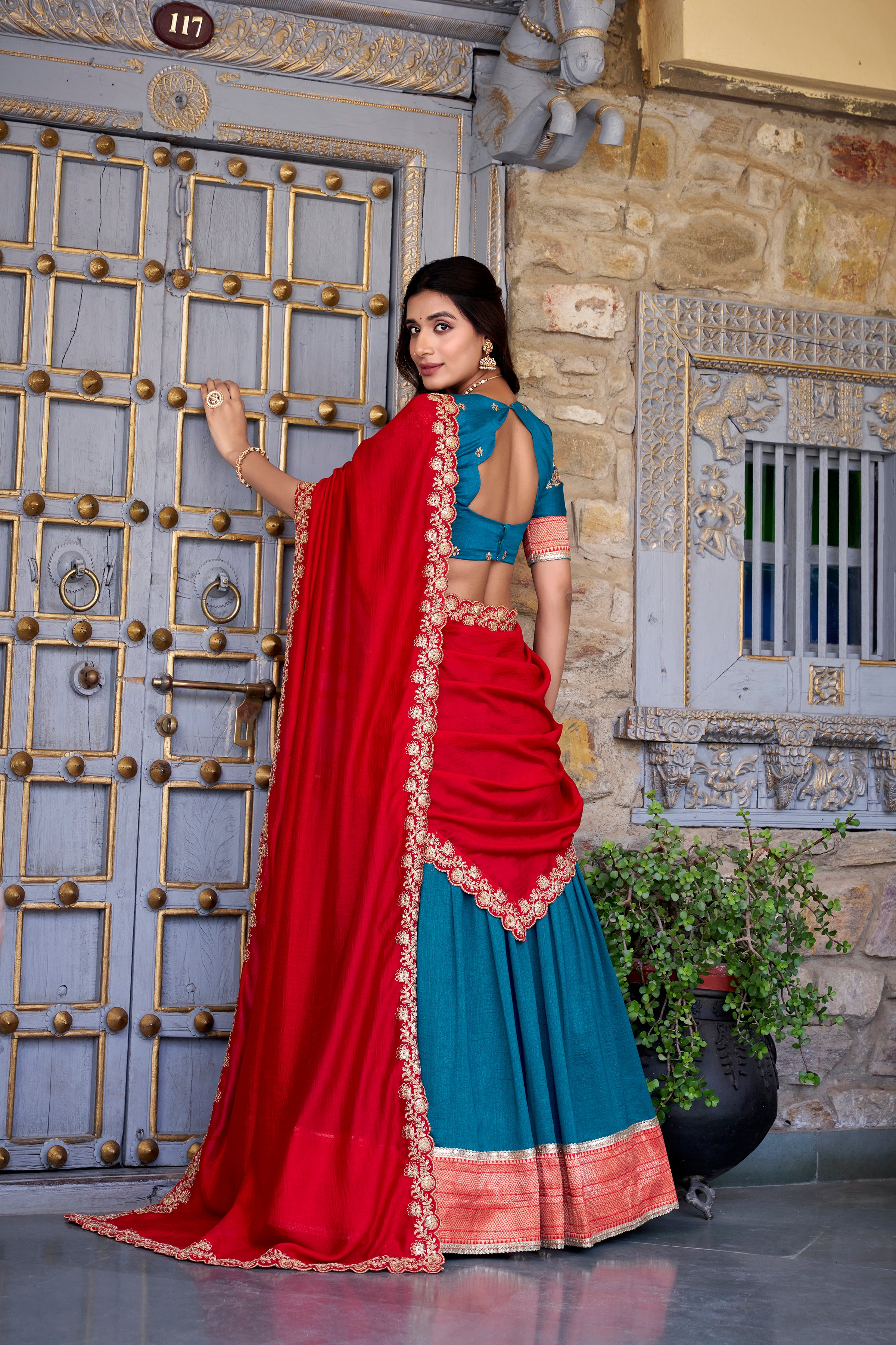 REFRESHING TEAL BLUE BORDER WORK VICHITRA SILK FESTIVE WEAR HALF SAREE LEHENGA BY MITVAL