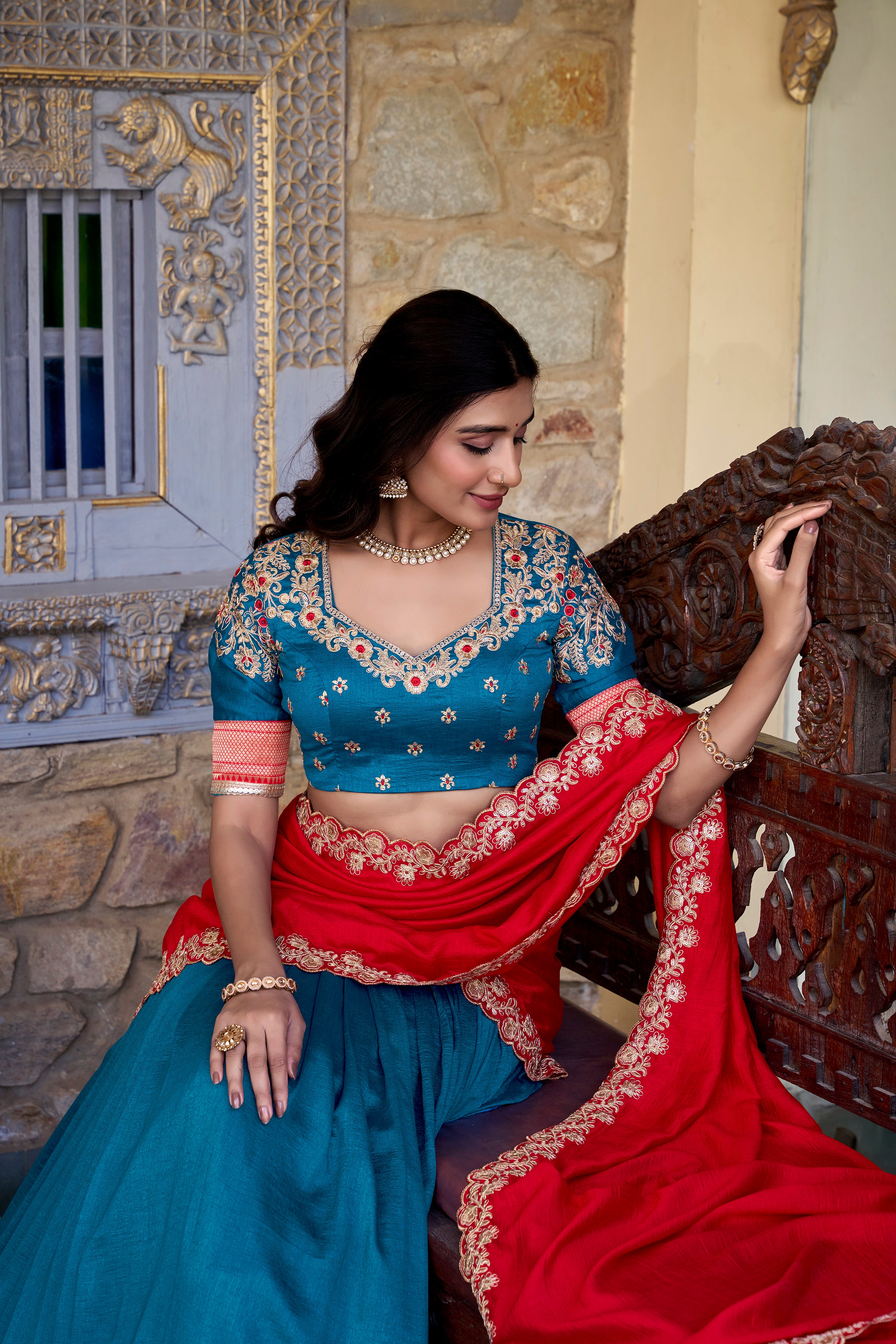REFRESHING TEAL BLUE BORDER WORK VICHITRA SILK FESTIVE WEAR HALF SAREE LEHENGA BY MITVAL