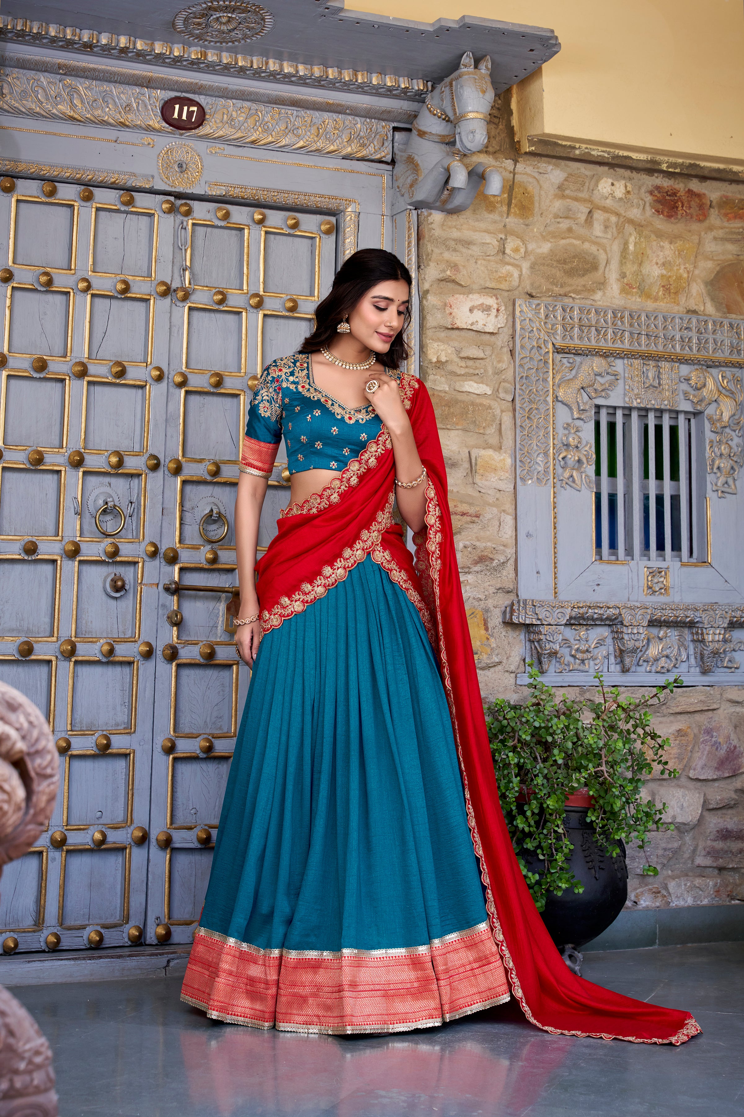 REFRESHING TEAL BLUE BORDER WORK VICHITRA SILK FESTIVE WEAR HALF SAREE LEHENGA BY MITVAL