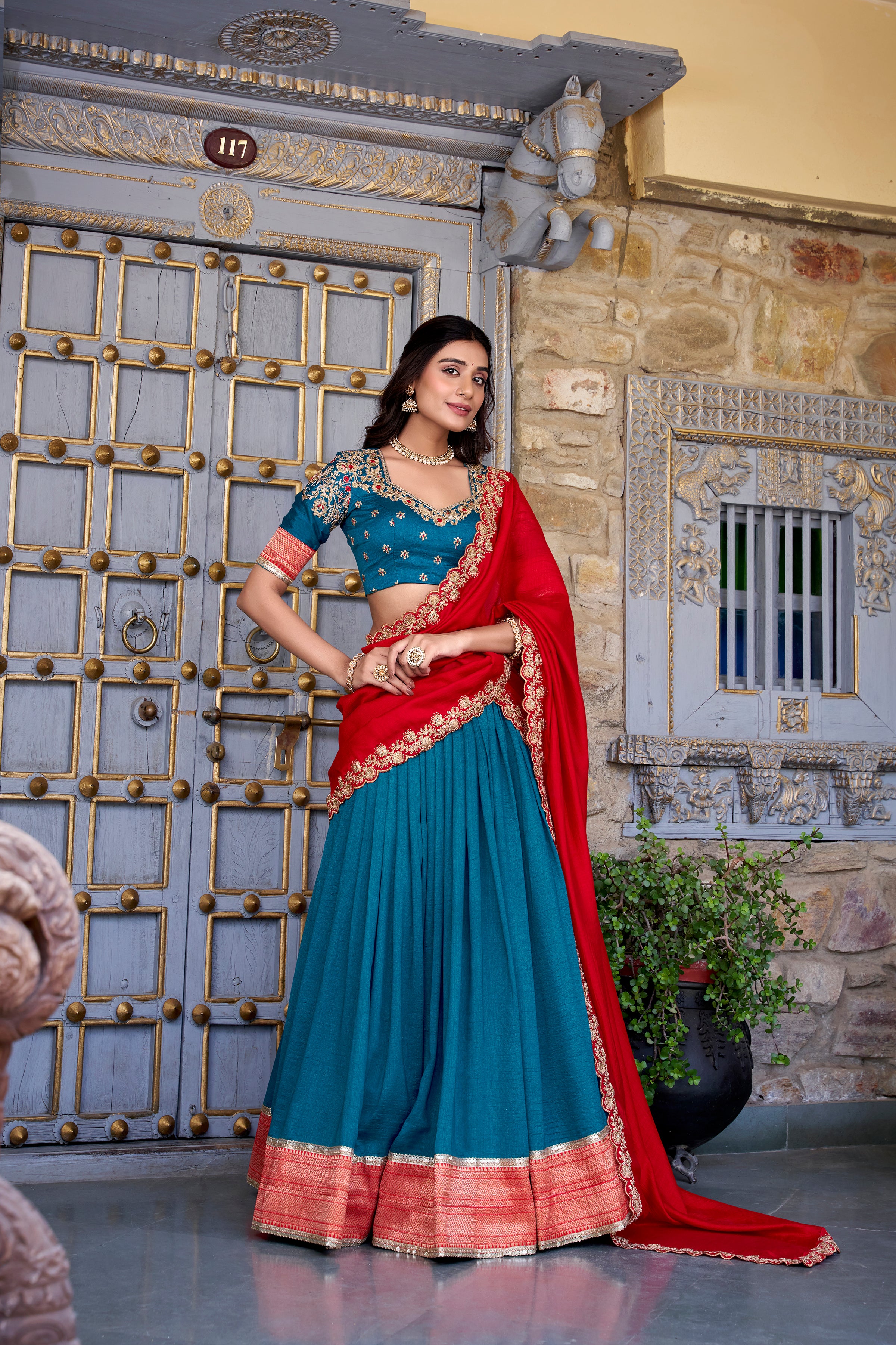 REFRESHING TEAL BLUE BORDER WORK VICHITRA SILK FESTIVE WEAR HALF SAREE LEHENGA BY MITVAL