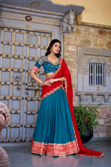 REFRESHING TEAL BLUE BORDER WORK VICHITRA SILK FESTIVE WEAR HALF SAREE LEHENGA BY MITVAL