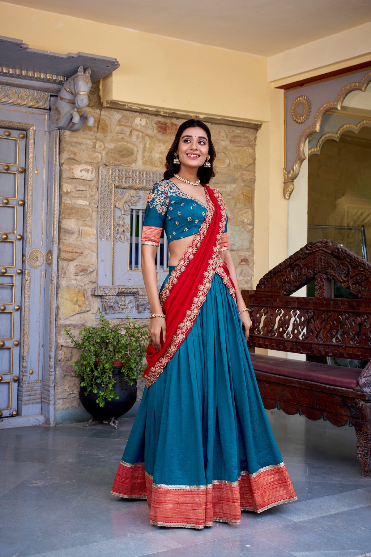 REFRESHING TEAL BLUE BORDER WORK VICHITRA SILK FESTIVE WEAR HALF SAREE LEHENGA BY MITVAL