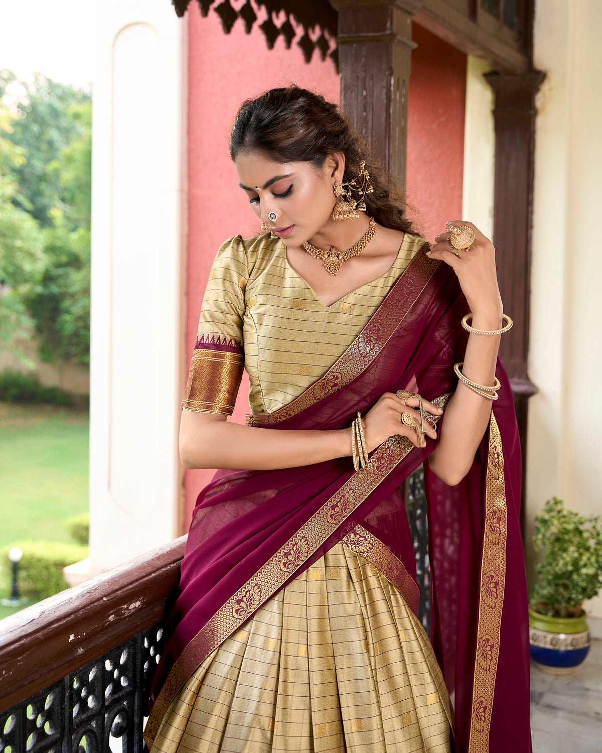 Cream Banarasi Art Silk Lehenga With Zari Patterns And Georgette Lace Dupatta