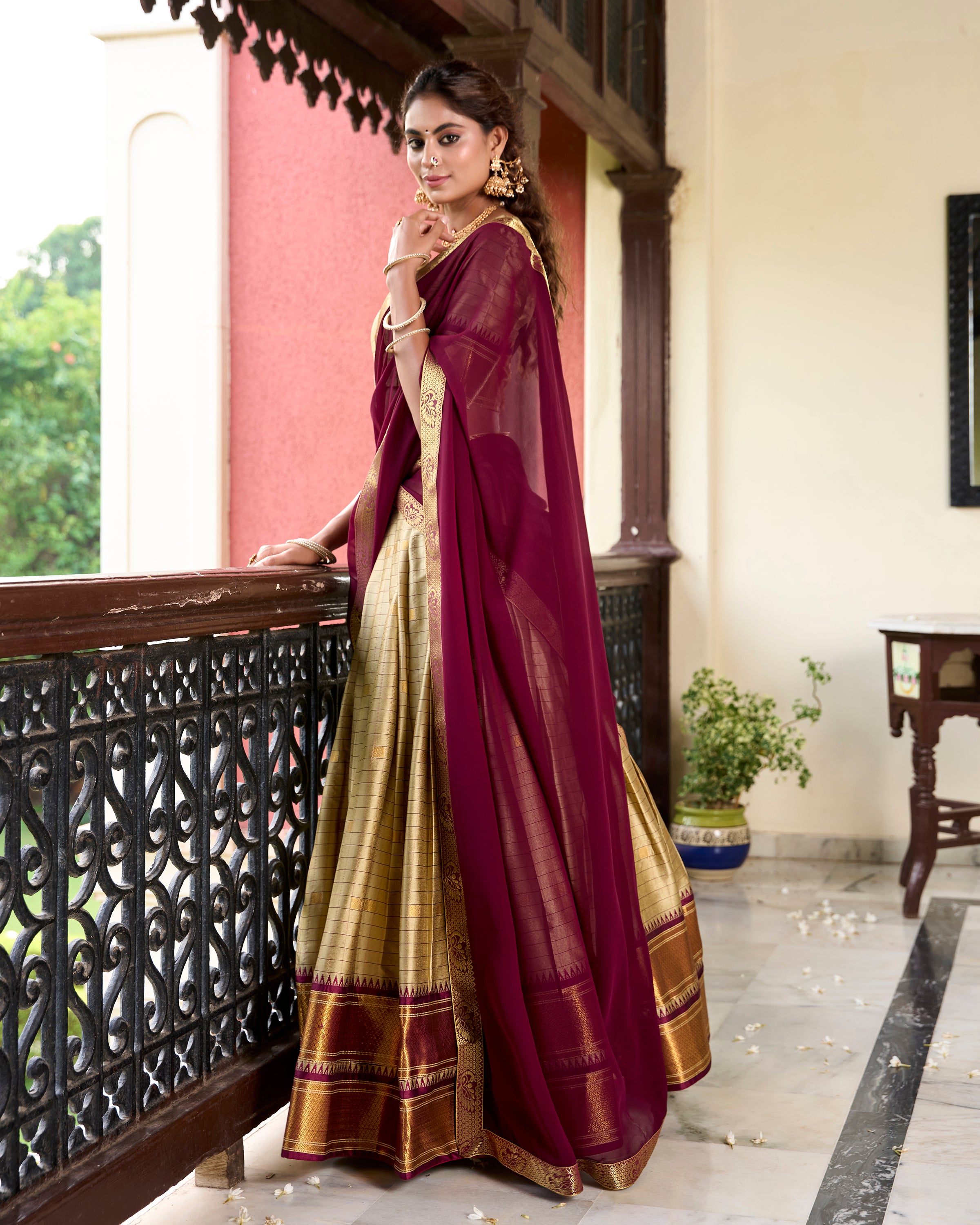 Cream Banarasi Art Silk Lehenga With Zari Patterns And Georgette Lace Dupatta