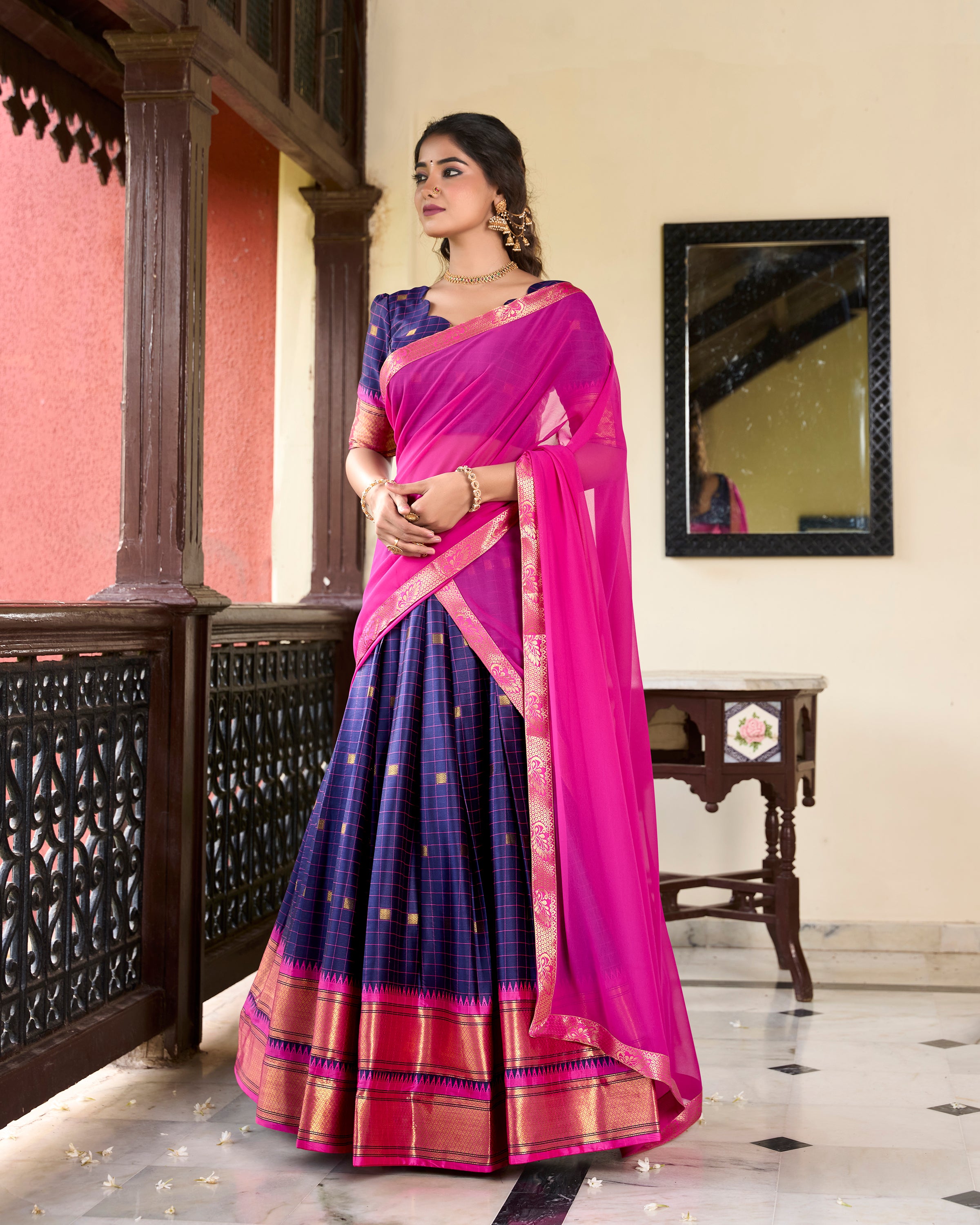 Navy Blue Color Weaving Work With Paithani Concept Cotton Silk Lehenga Choli