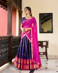 Navy Blue Color Weaving Work With Paithani Concept Cotton Silk Lehenga Choli