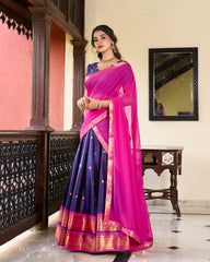 Navy Blue Color Weaving Work With Paithani Concept Cotton Silk Lehenga Choli