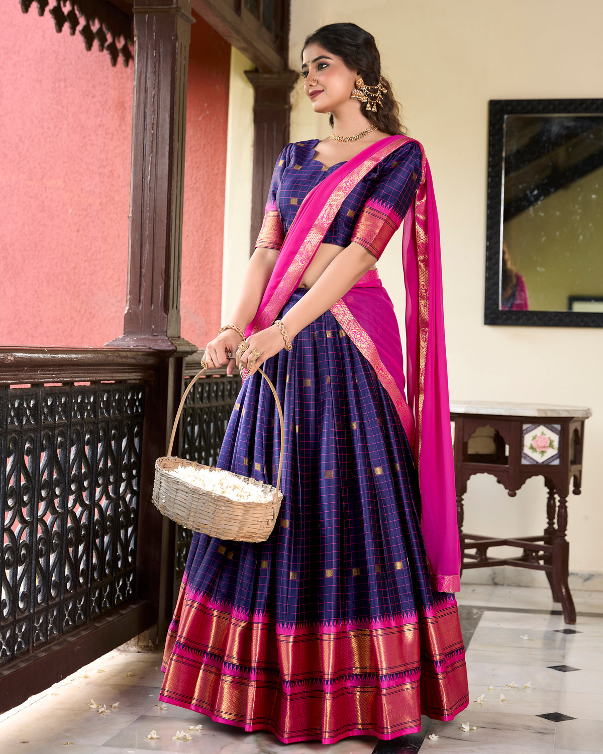 Navy Blue Color Weaving Work With Paithani Concept Cotton Silk Lehenga Choli