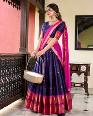 Navy Blue Color Weaving Work With Paithani Concept Cotton Silk Lehenga Choli