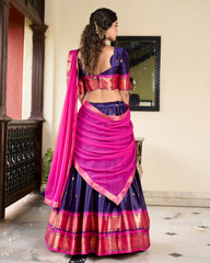 Navy Blue Color Weaving Work With Paithani Concept Cotton Silk Lehenga Choli