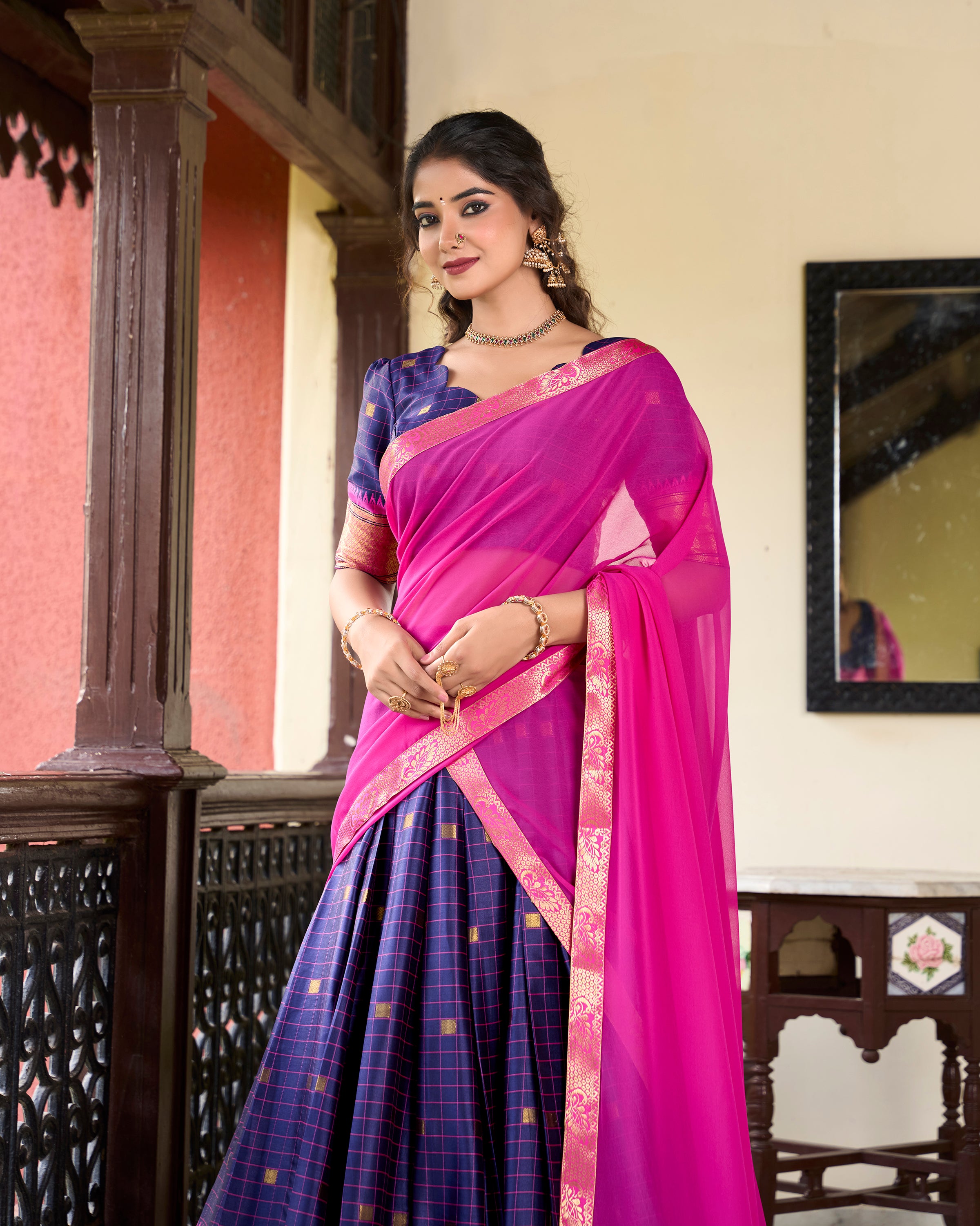 Navy Blue Color Weaving Work With Paithani Concept Cotton Silk Lehenga Choli