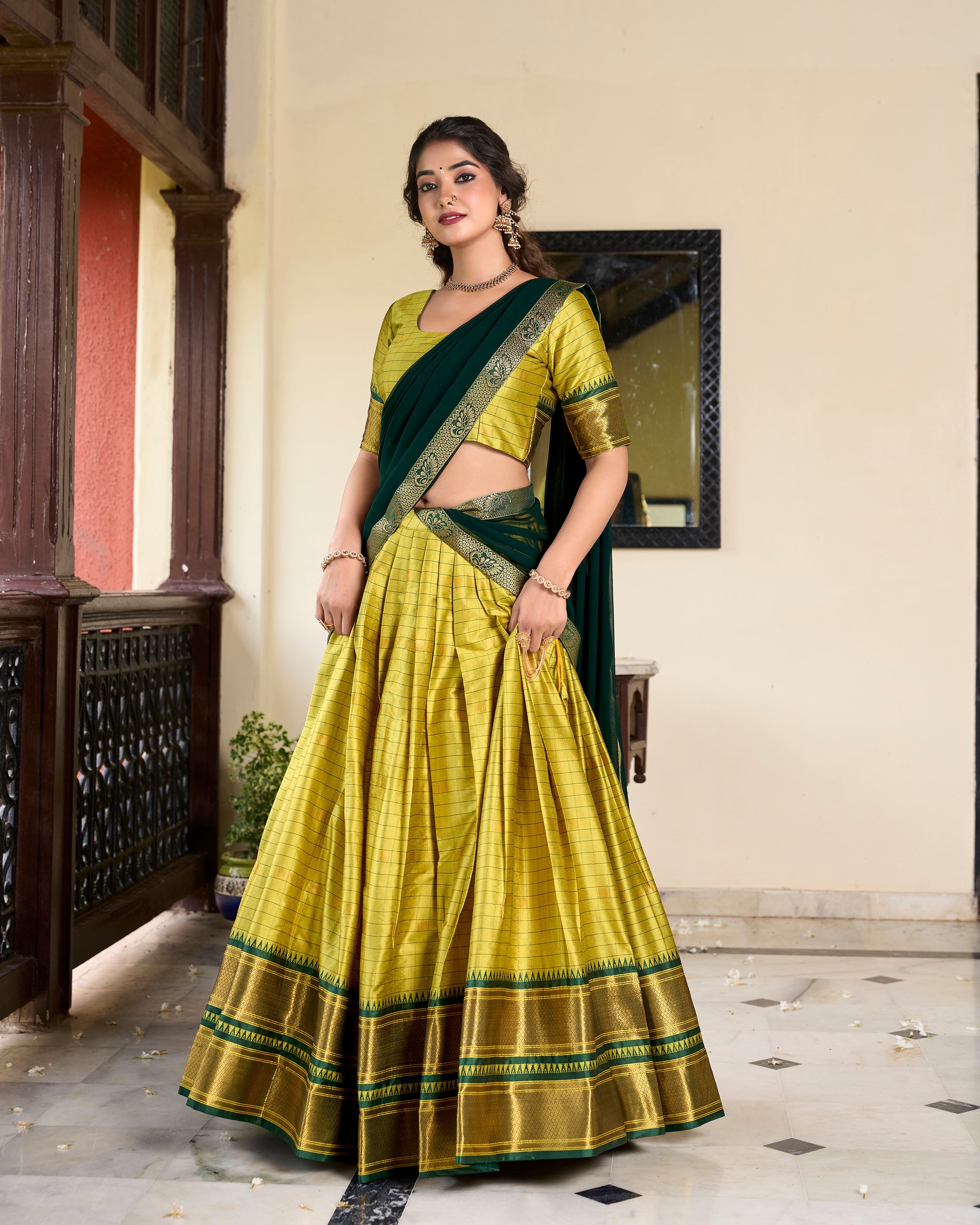 Parrot Color Weaving Work With Paithani Concept Cotton Silk Lehenga Choli