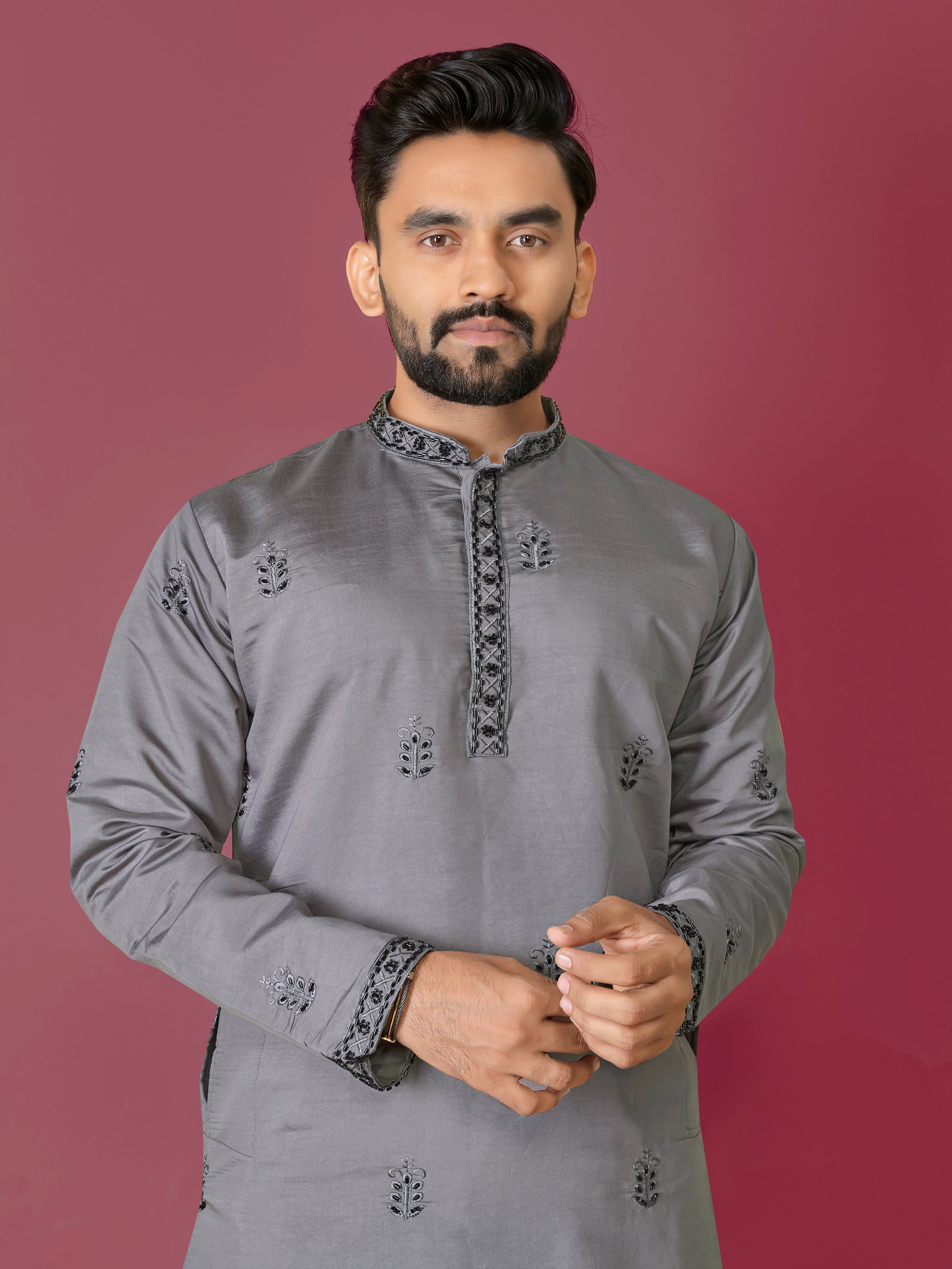 Grey Color Men's Kurta Pajama Set In Roman Silk With Val Moti Hand Work