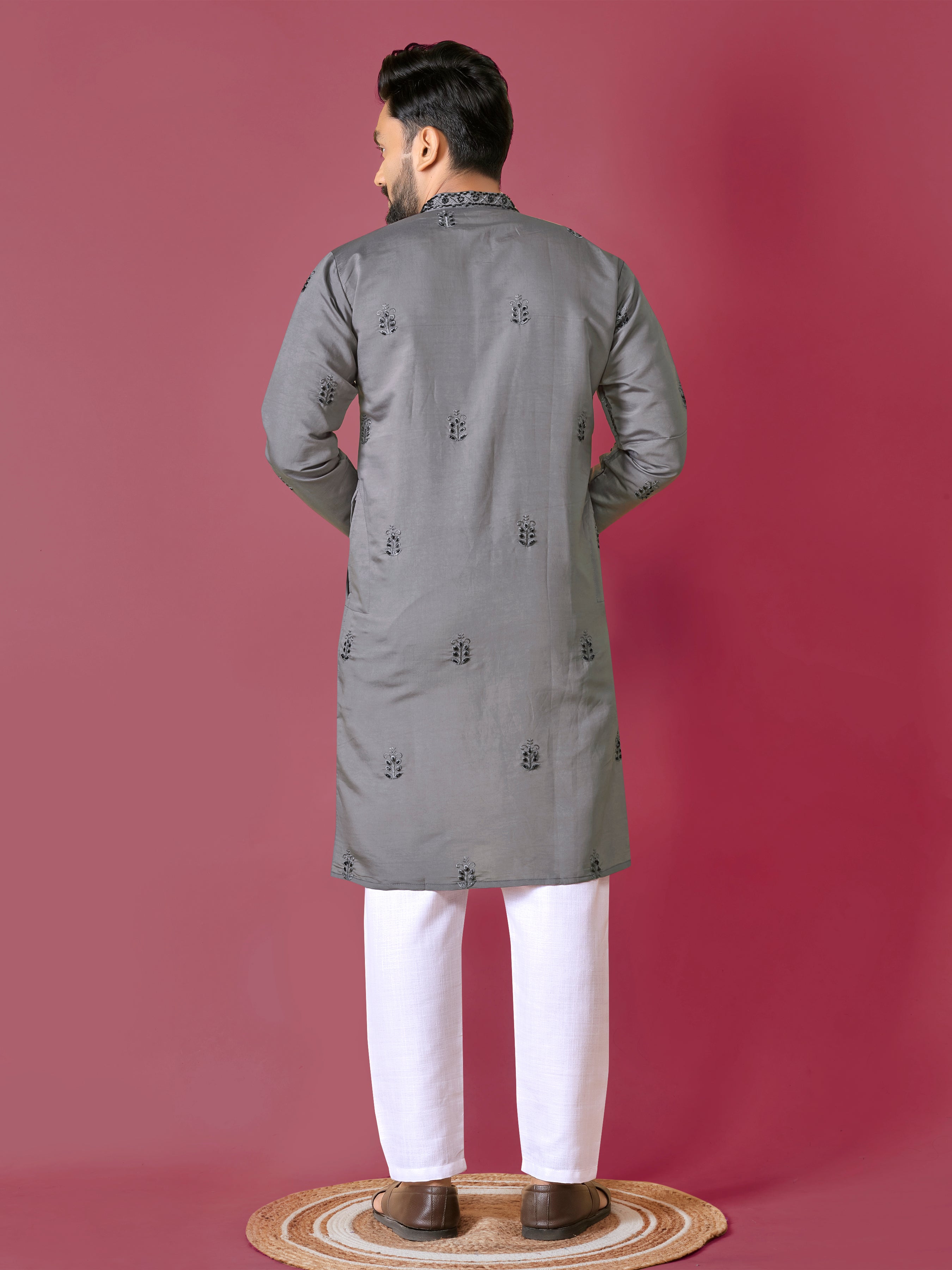 Grey Color Men's Kurta Pajama Set In Roman Silk With Val Moti Hand Work