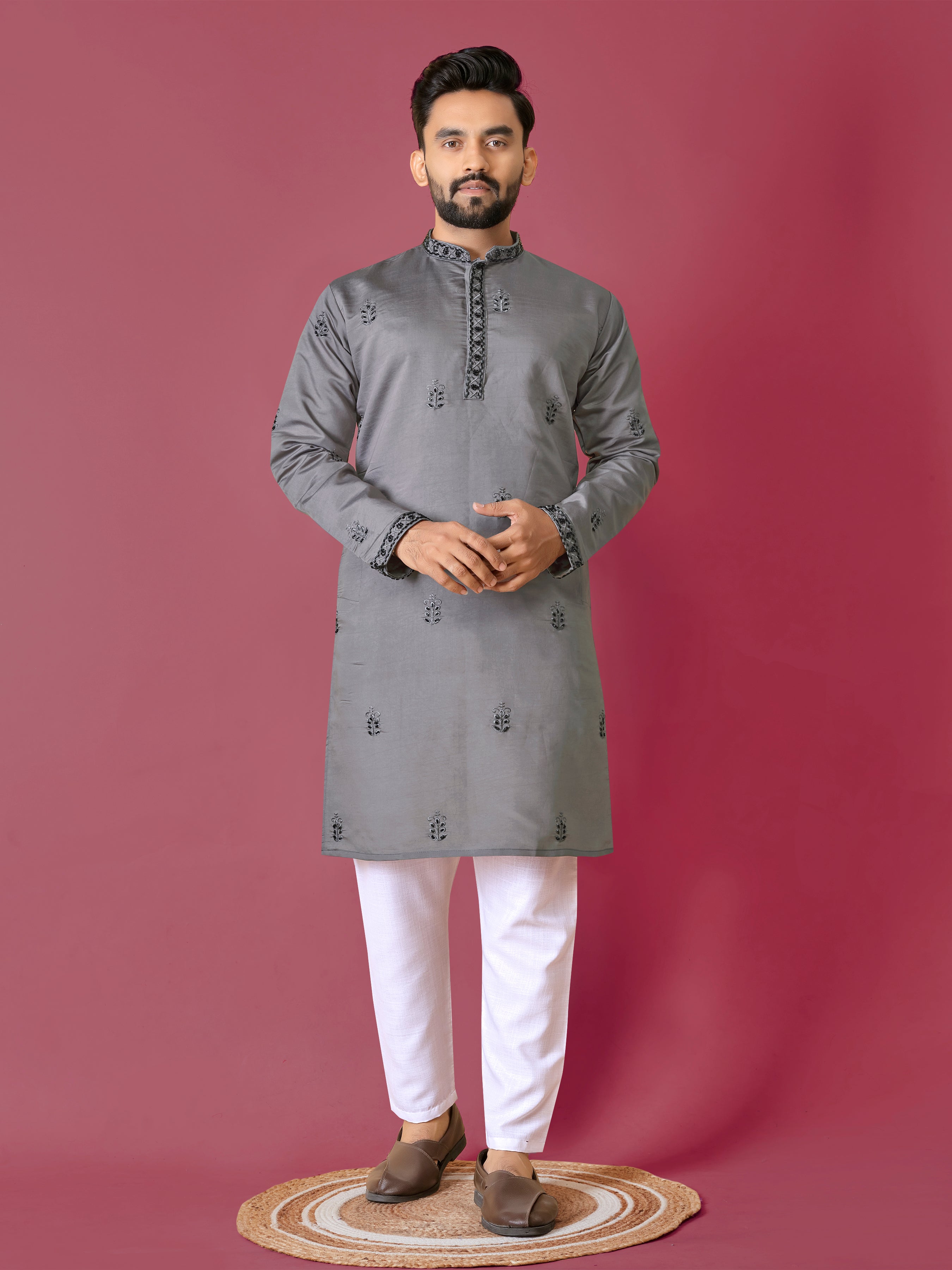 Grey Color Men's Kurta Pajama Set In Roman Silk With Val Moti Hand Work