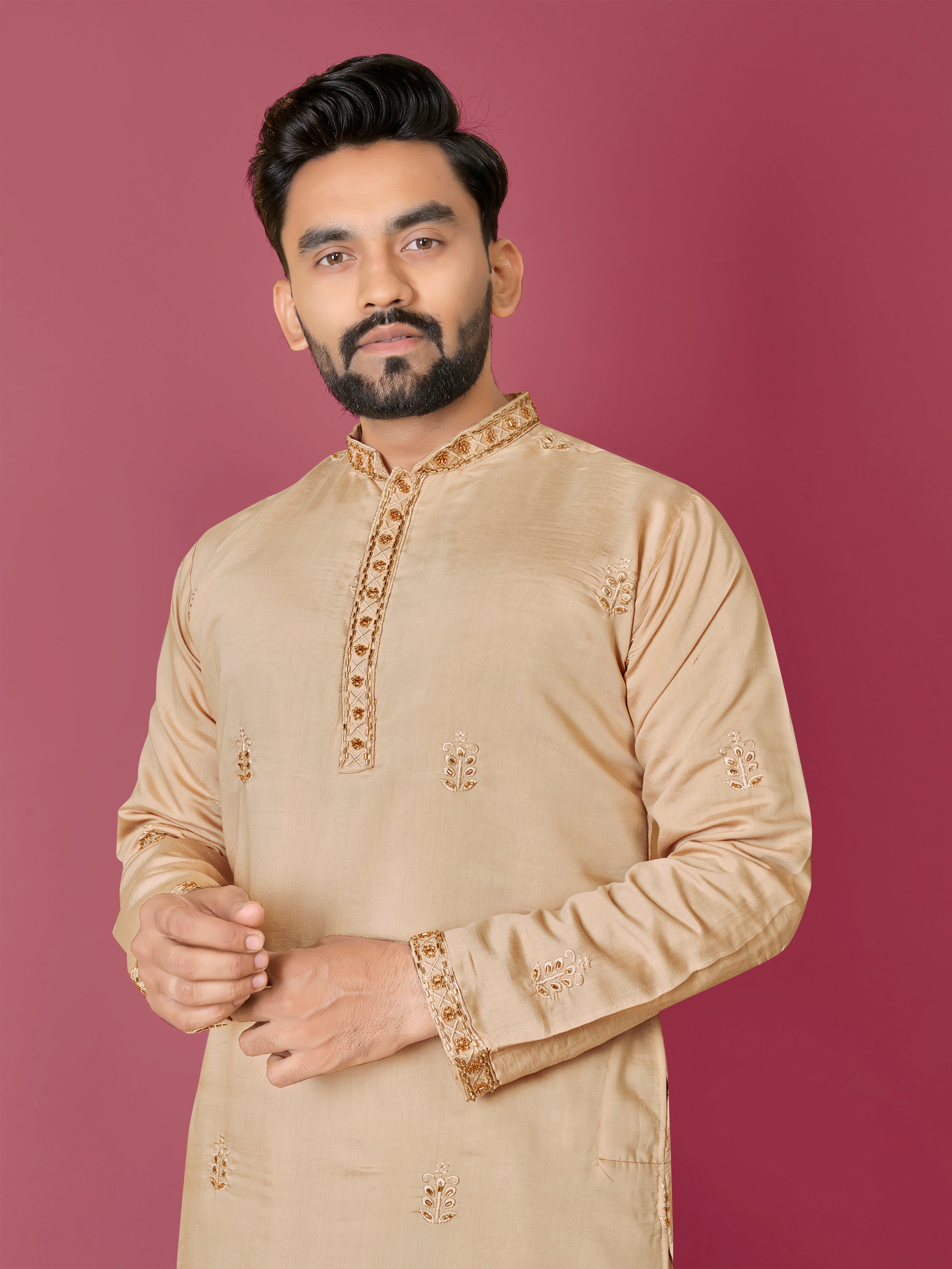 Peach Color Men's Kurta Pajama Set In Roman Silk With Val Moti Hand Work