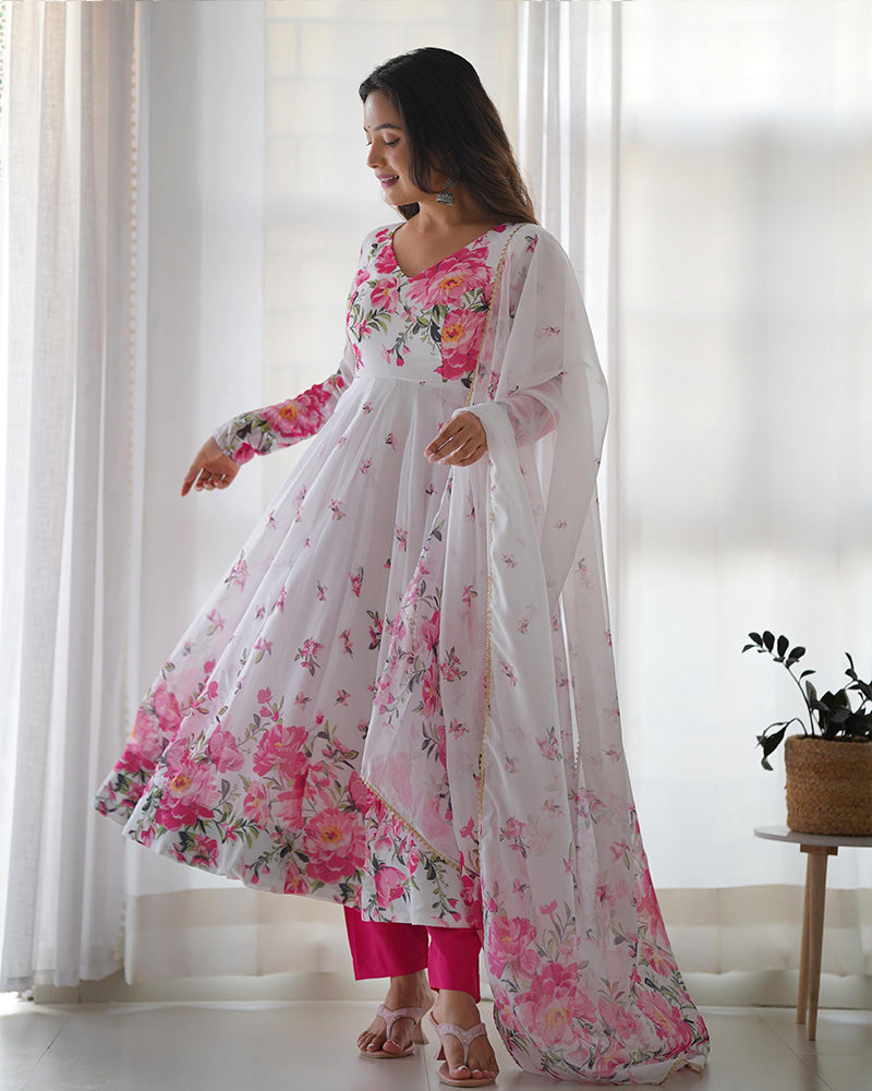 Beautiful White Floral Printed Organza Festival Wear Anarkali Suit