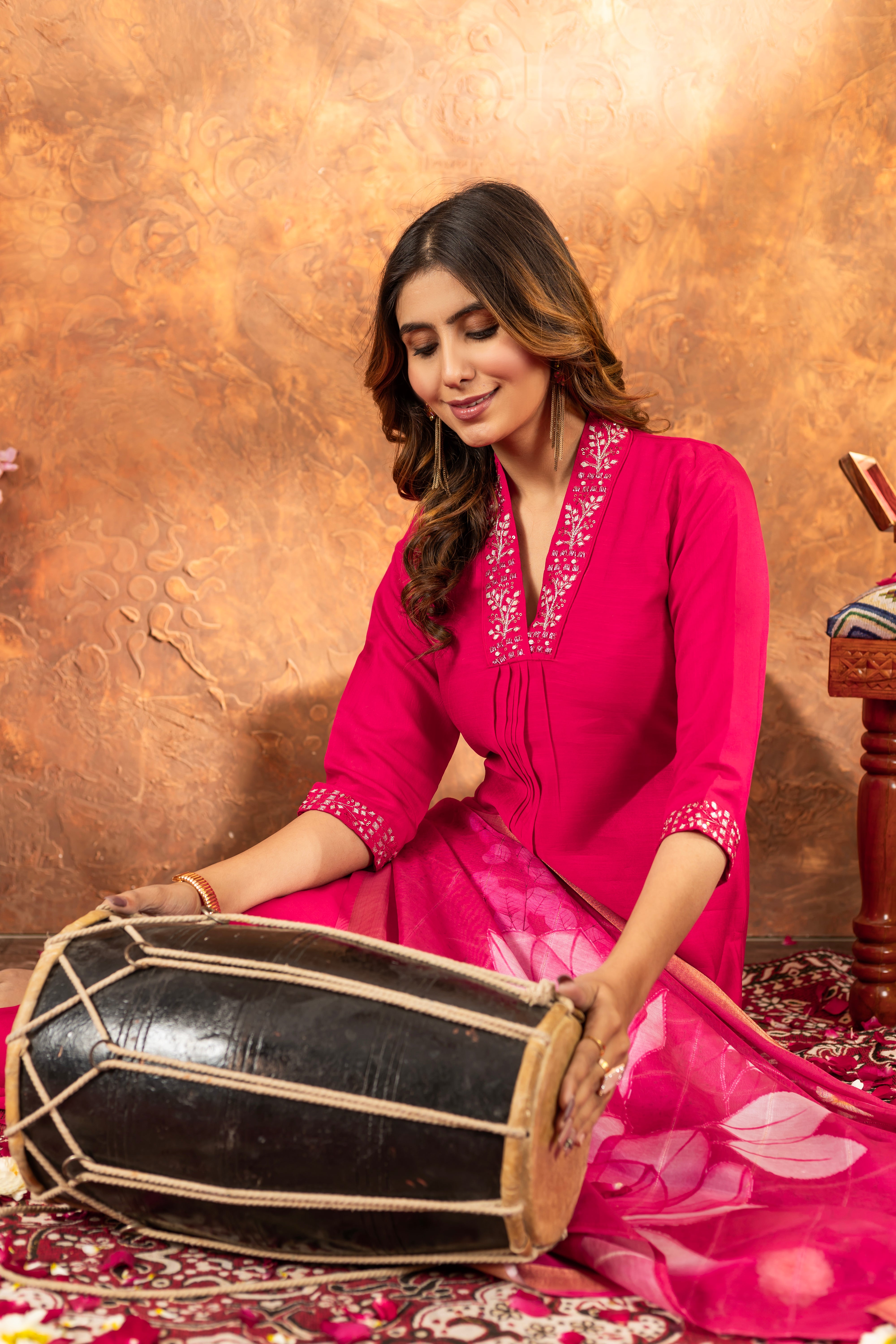 FABULOUS RANI PINK EMBROIDERED KURTA PANT SET WITH FLORAL DUPATTA