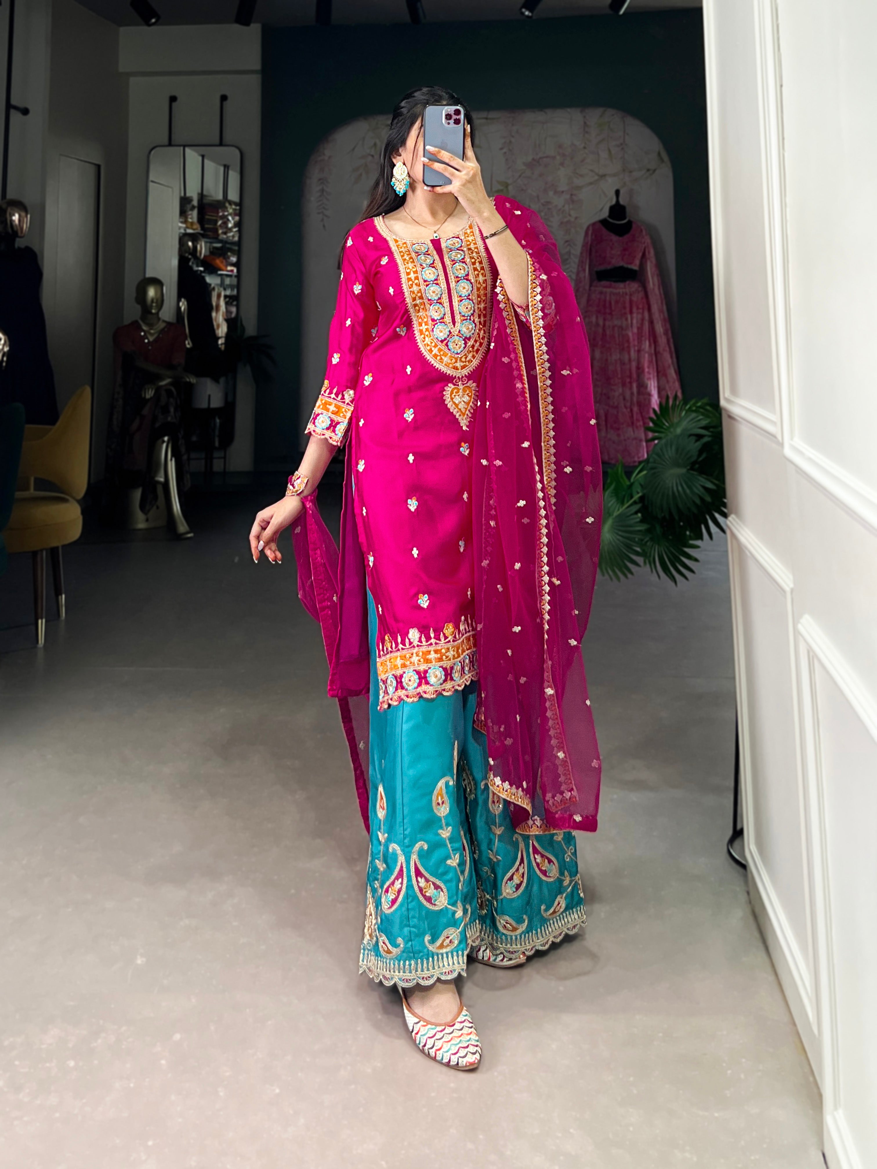 Sequins Thread Embroidered Silk Royal Style Sharara Set