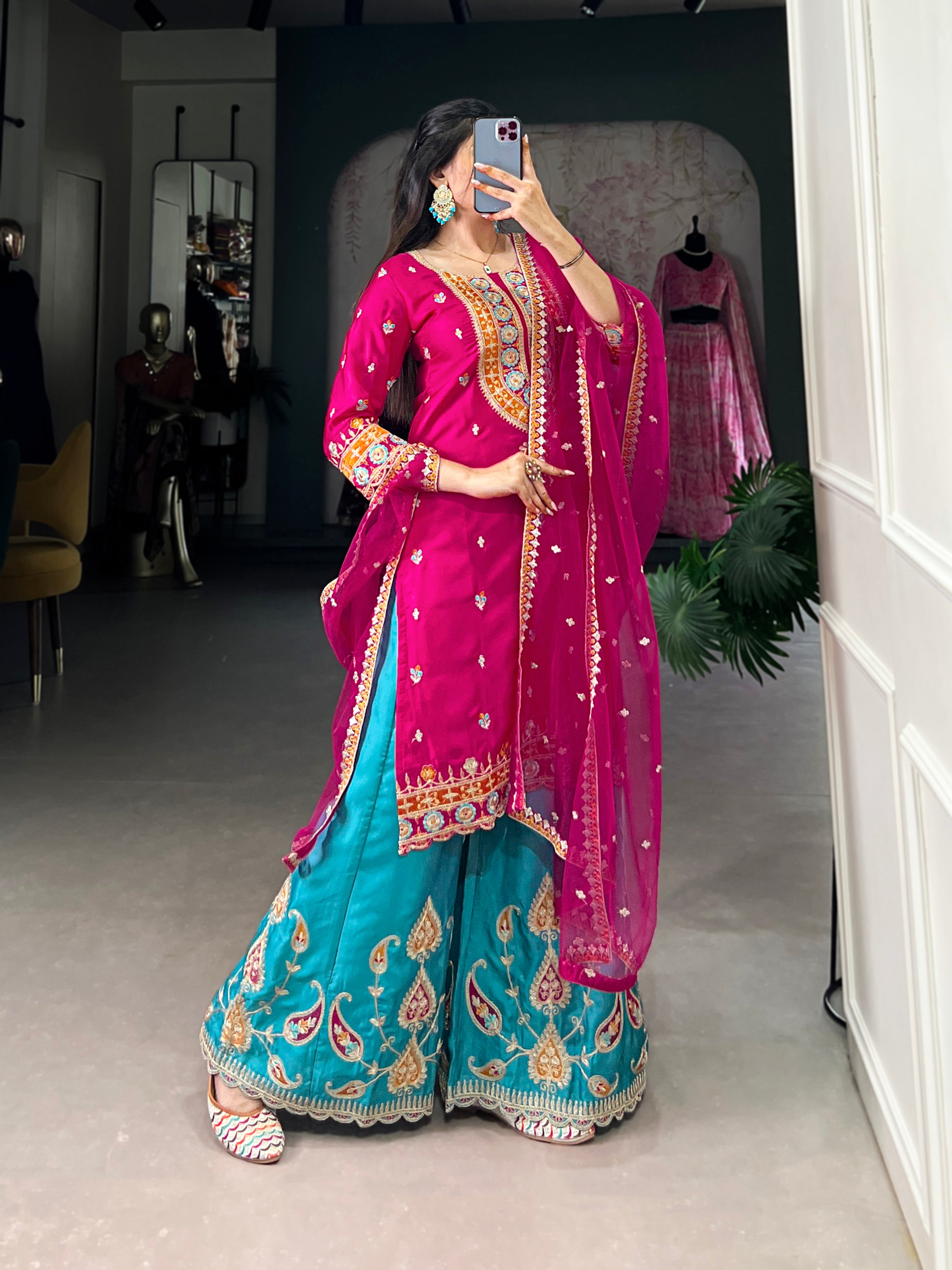 Sequins Thread Embroidered Silk Royal Style Sharara Set