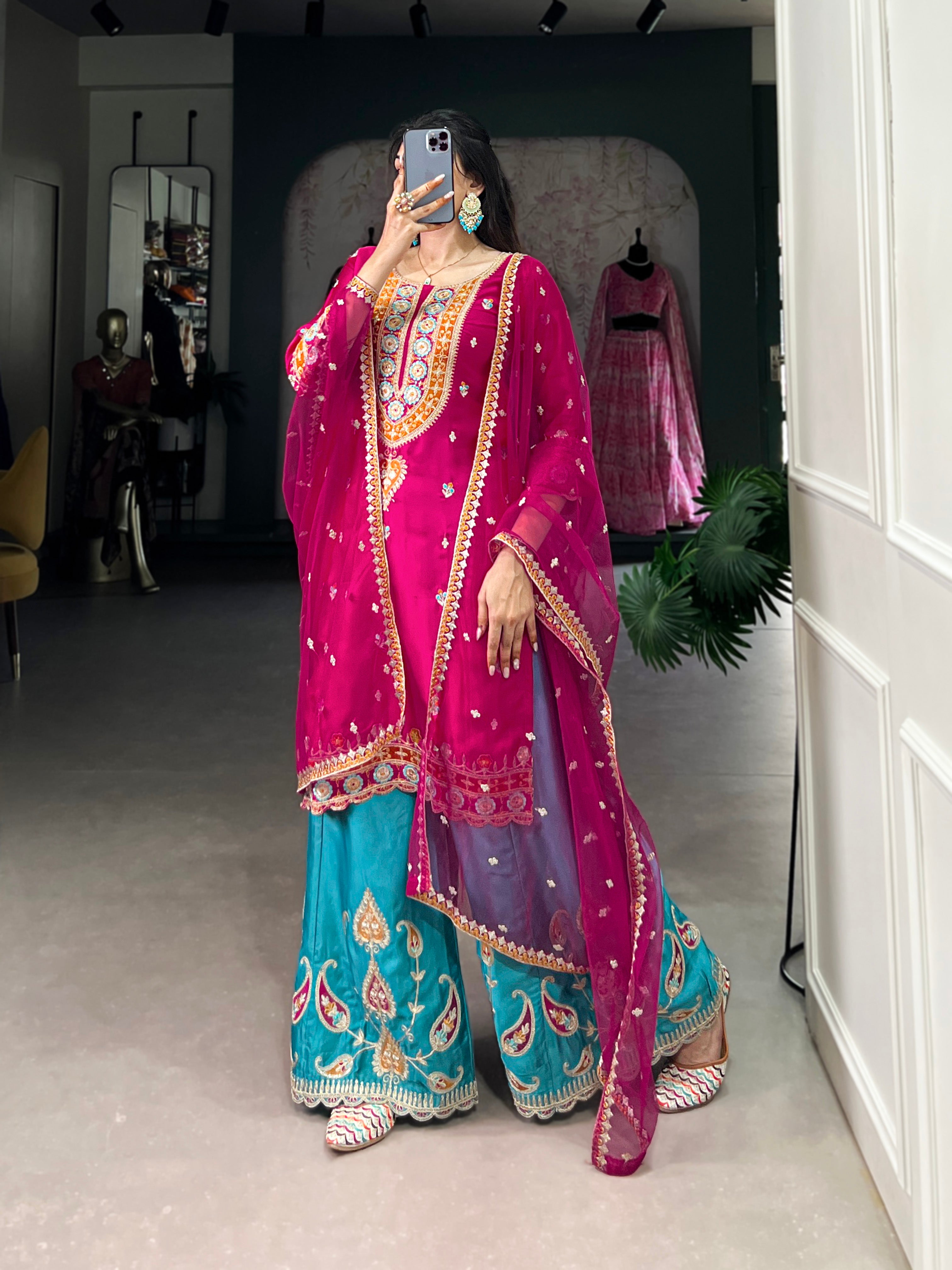 Sequins Thread Embroidered Silk Royal Style Sharara Set