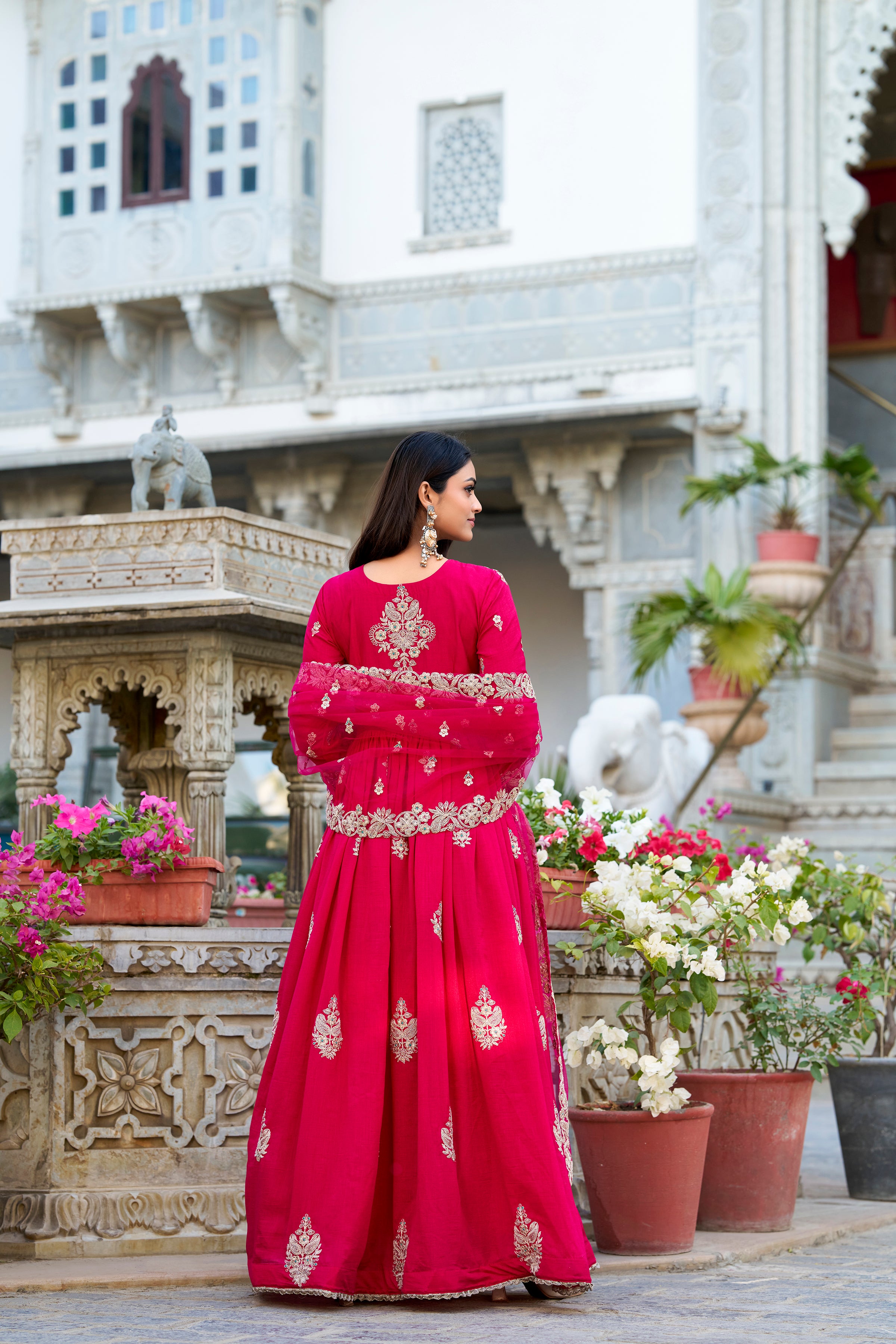 Pink Color Sequins And Thread Embroidery Work With Lace Border Vichitra Silk Gown