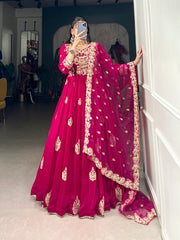 Pink Sequins Thread Embroidery Work Silk Anarkali Dress