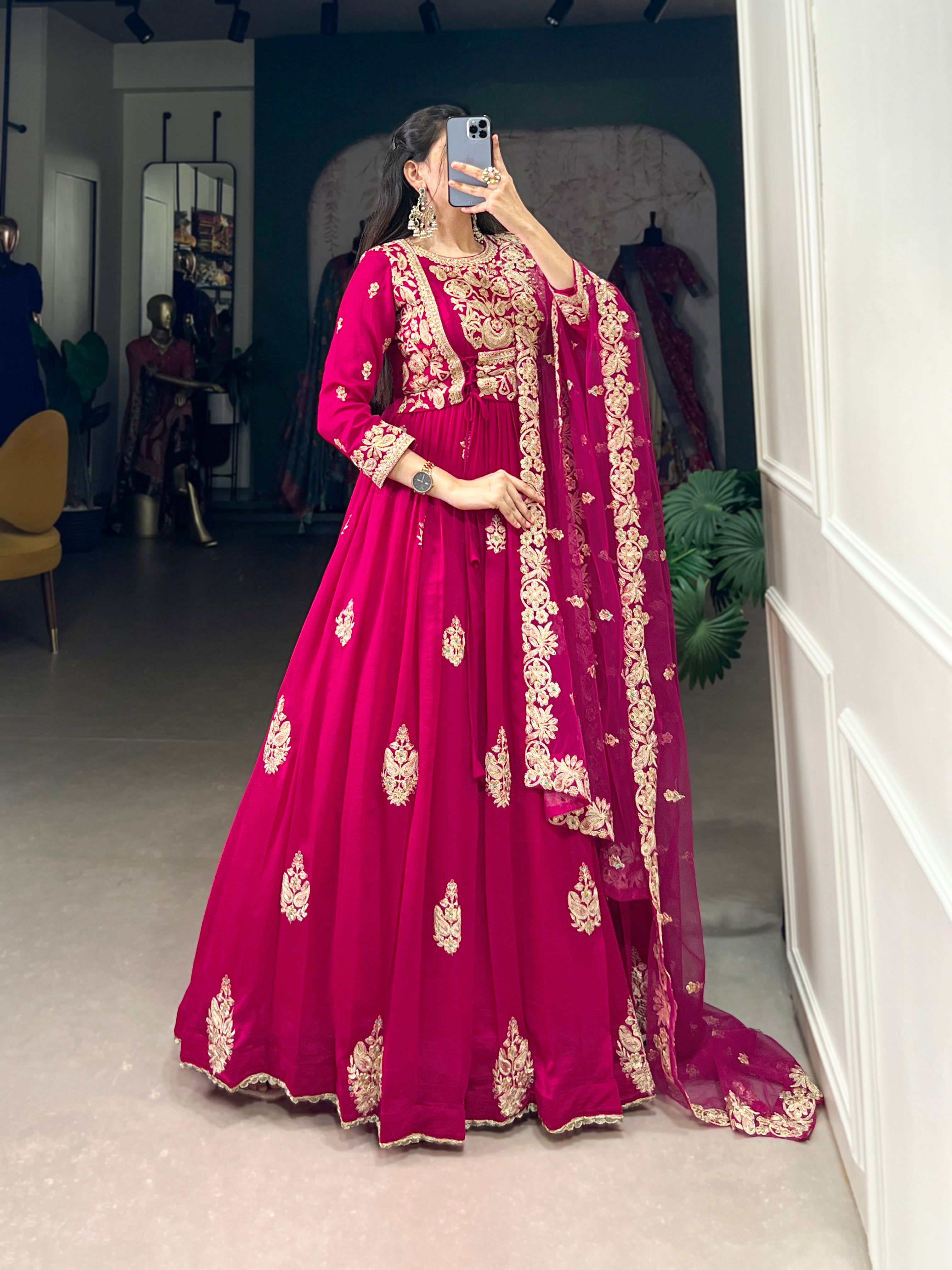 Pink Sequins Thread Embroidery Work Silk Anarkali Dress