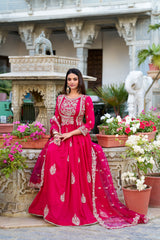 Pink Color Sequins And Thread Embroidery Work With Lace Border Vichitra Silk Gown