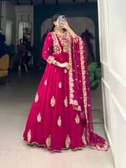 Pink Sequins Thread Embroidery Work Silk Anarkali Dress